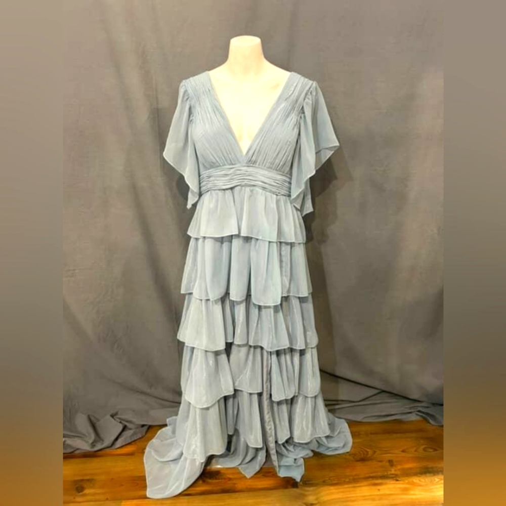 Ieena For Mac Duggal Silvery Blue Layered Formal Dress